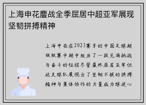 上海申花鏖战全季屈居中超亚军展现坚韧拼搏精神 上海申花鏖战全季屈居中超亚军展现坚韧拼搏精神